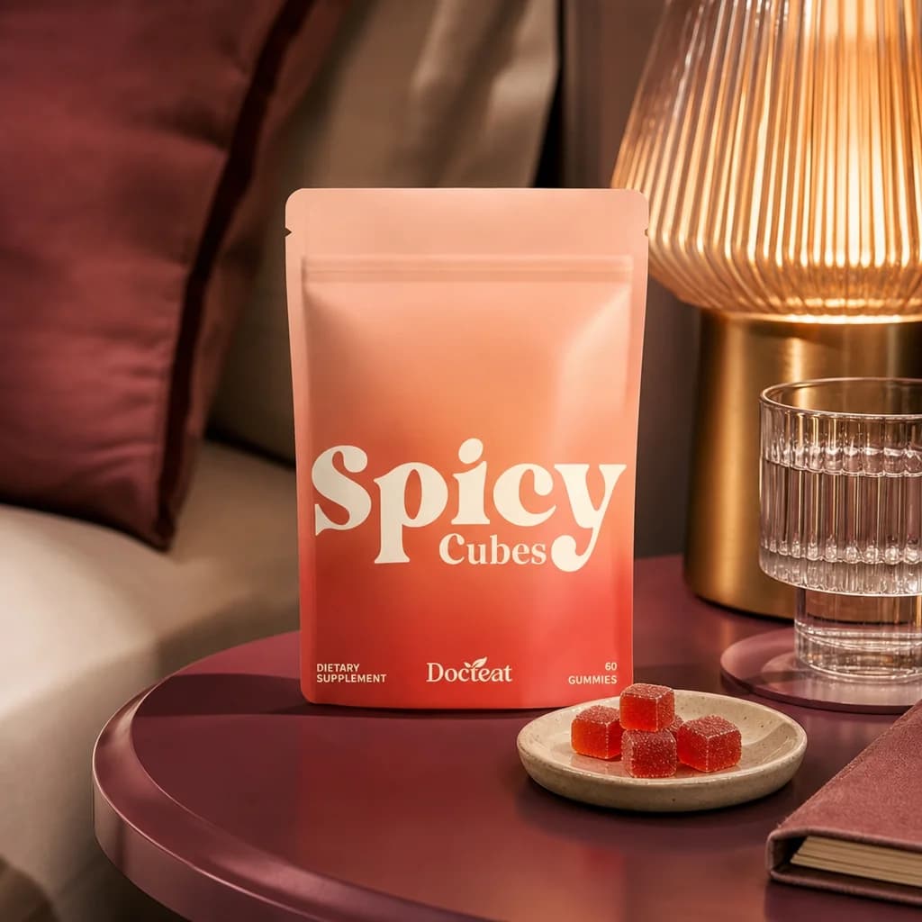 Spicy Cubes pouch on a bedside table beside a glowing lamp and a dish of red gummy cubes