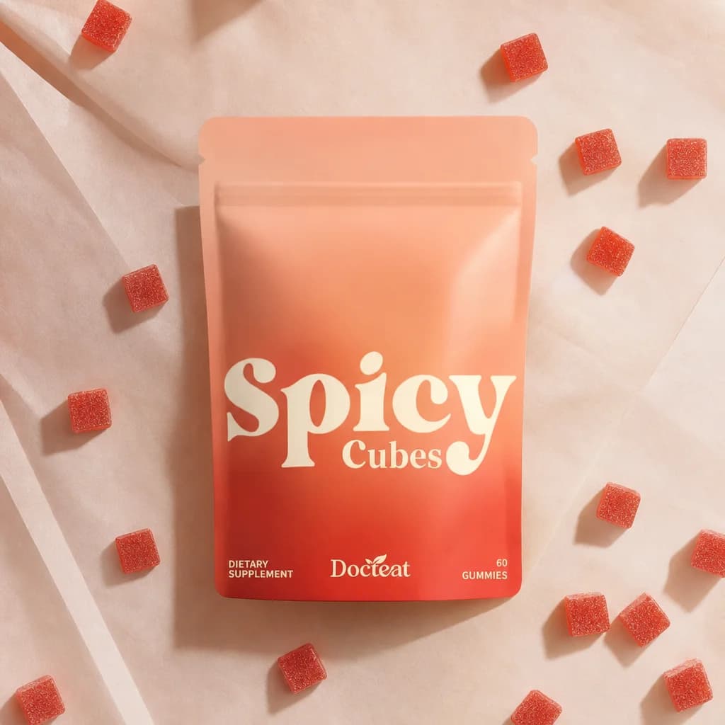 Top-down flat lay of the Spicy Cubes pouch with scattered red gummy cubes